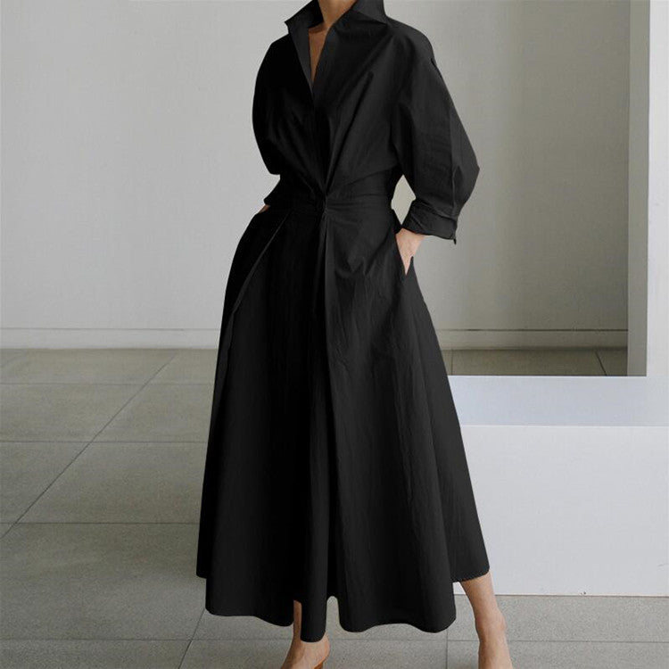 Black shirt dress with button front, long sleeves, and tie waist detail