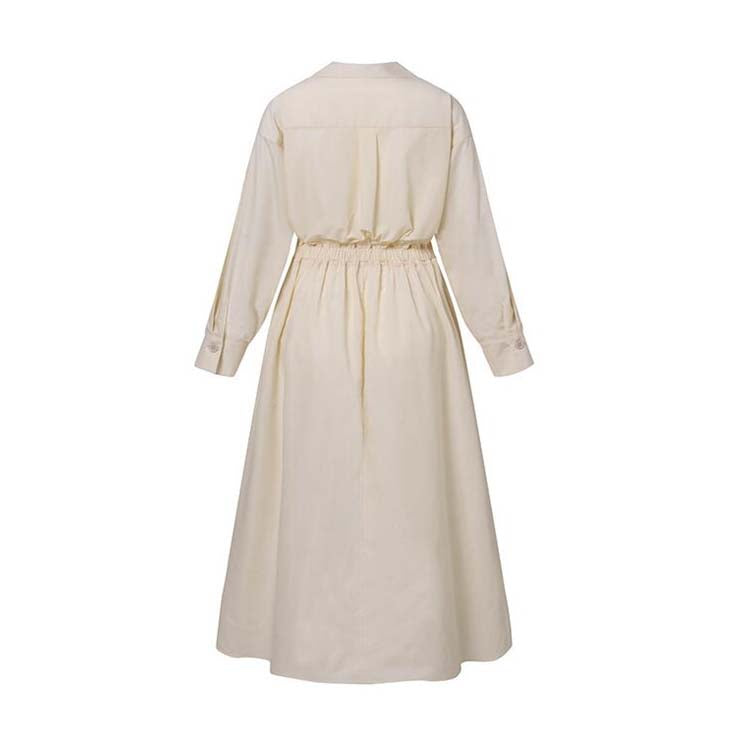 Light beige shirt dress back view with gathered waist and long sleeves