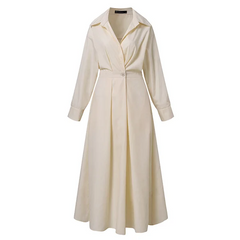 Light beige shirt dress with V-neck, button front, long sleeves, and tie waist