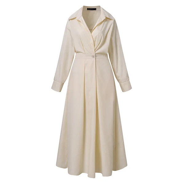 Light beige shirt dress with V-neck, button front, long sleeves, and tie waist