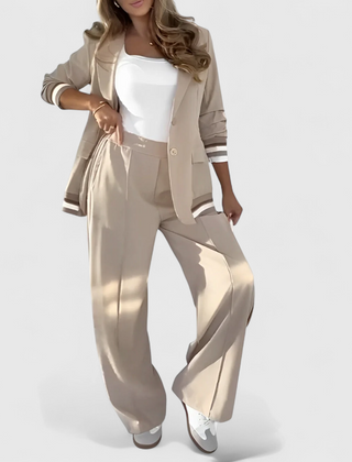 Beige lounge set with short-sleeve striped trim jacket and wide-leg trousers