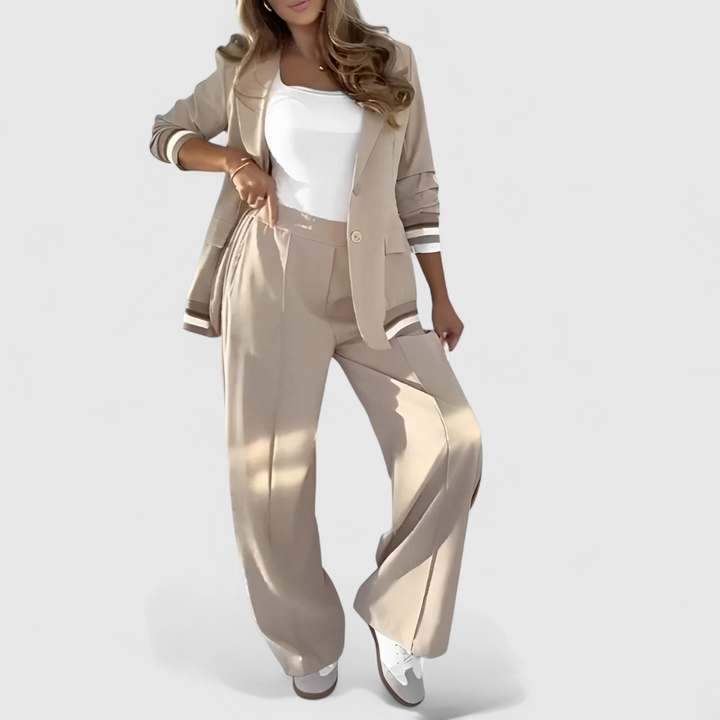 Beige lounge set with short-sleeve striped trim jacket and wide-leg trousers