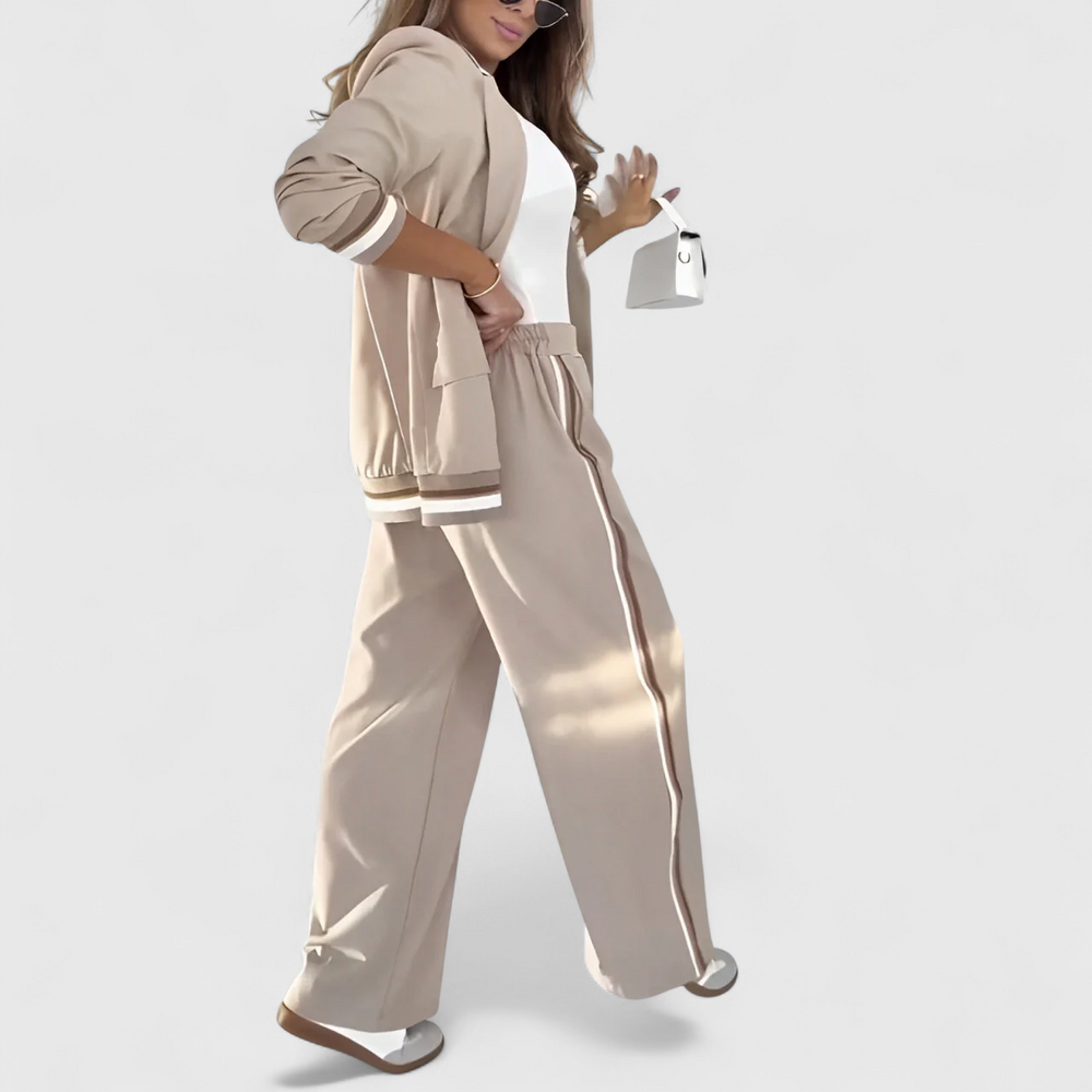 Beige long-sleeve lounge set with striped trim jacket and wide-leg pants with side stripe