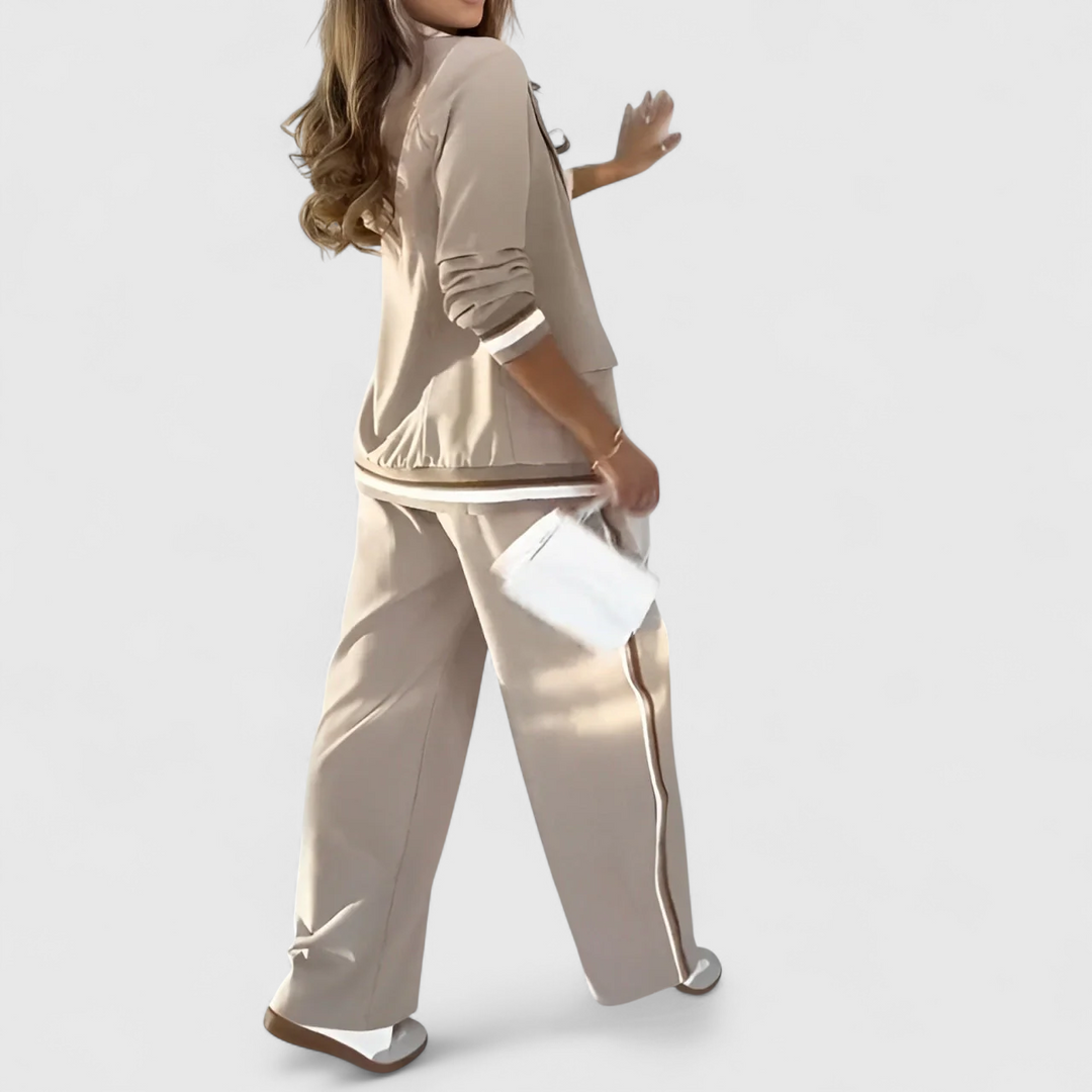 Beige short-sleeve lounge top and wide-leg trousers with contrast striped side panels
