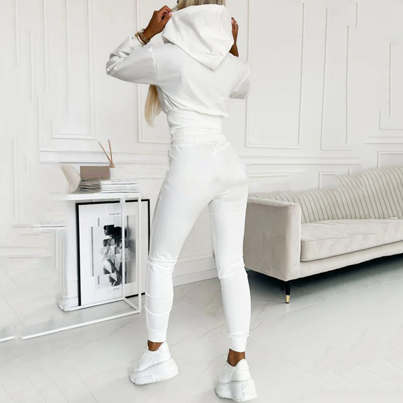 White pullover hoodie and matching joggers set with drawstring hood and tapered legs