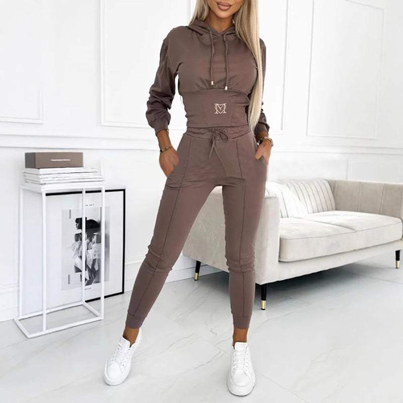Brown pullover hoodie and matching joggers set with drawstring hood and elastic cuffs