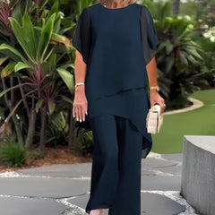 Navy top and wide-leg pants set, loose blouse with draped wide trousers