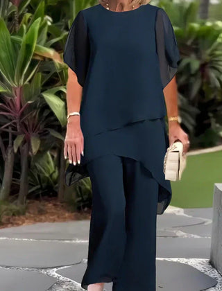 Navy top and wide-leg pants set, loose blouse with draped wide trousers