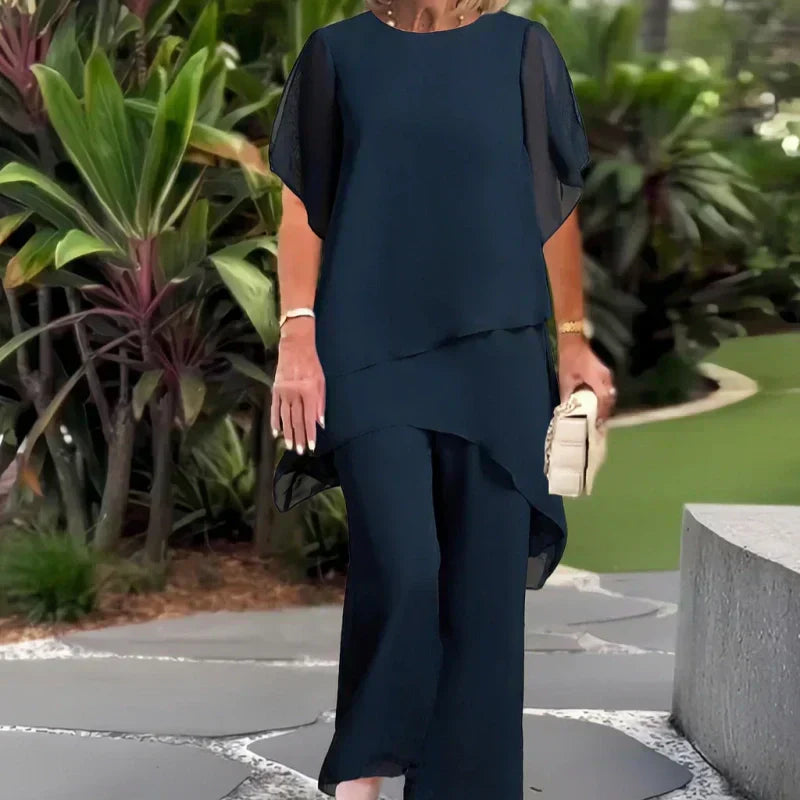 Navy top and wide-leg pants set, loose blouse with draped wide trousers
