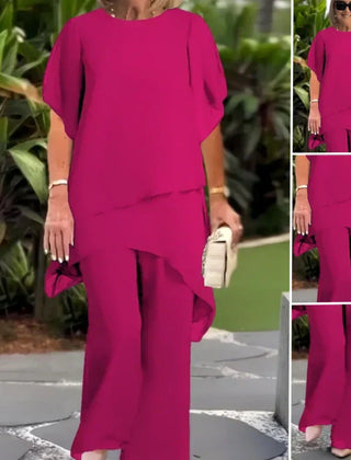 Rose top and wide-leg pants set, short-sleeve blouse with draped pants