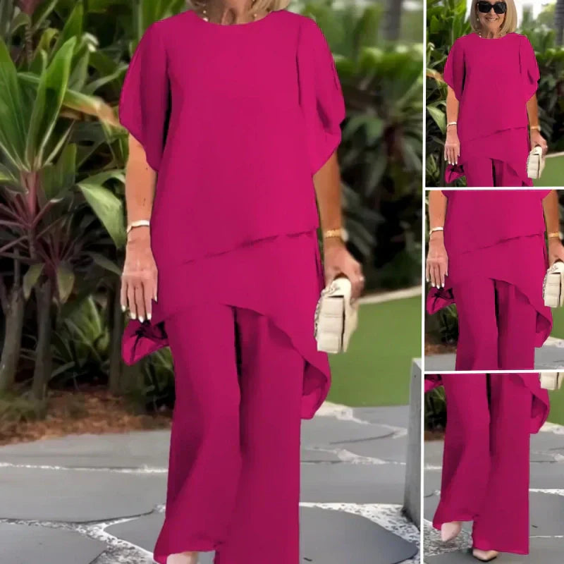Rose top and wide-leg pants set, short-sleeve blouse with draped pants