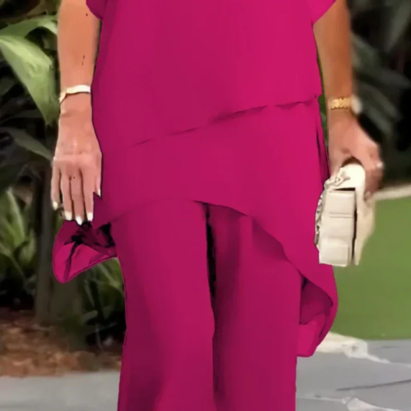 Rose top and wide-leg pants set, ruched waist with draped front