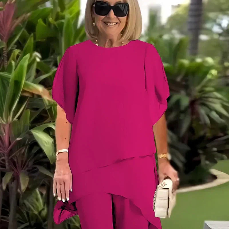 Rose top and wide-leg pants set, batwing sleeves with layered draped hem