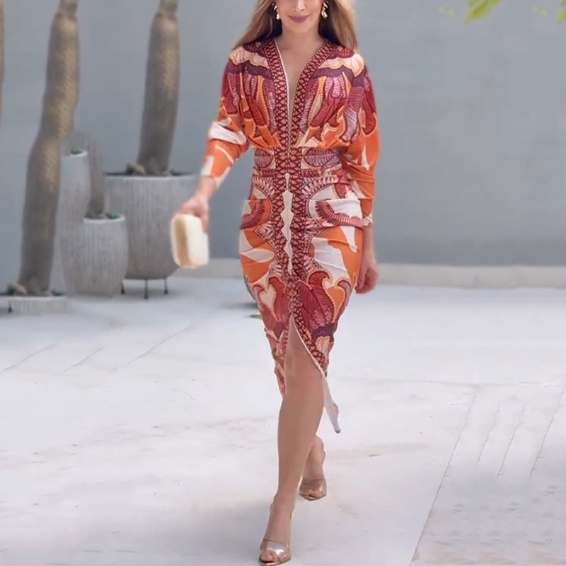Blysse™ V-neck dress, orange and burgundy ornate print, long sleeves, button-front