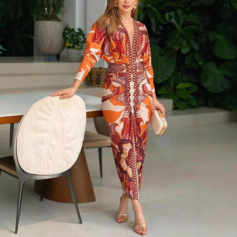 Blysse™ V-neck dress, orange ornate print, long sleeves, fitted midi length