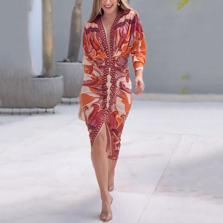 Blysse™ V-neck dress, orange ornate print, long sleeves, side slit, fitted midi