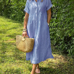 Blue striped maxi dress with short sleeves, button front and pockets