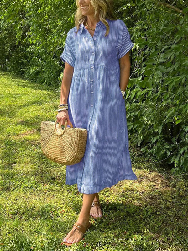 Blue striped maxi dress with short sleeves, button front and pockets