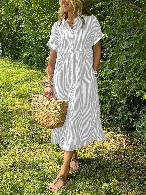 White striped maxi dress with short sleeves, button front and pockets