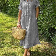 Gray striped maxi dress with short sleeves, button front and pockets