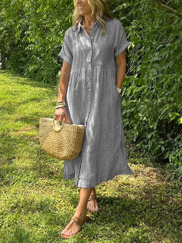 Gray striped maxi dress with short sleeves, button front and pockets