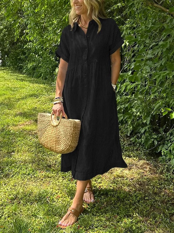 Black striped maxi dress with short sleeves, button front and pockets