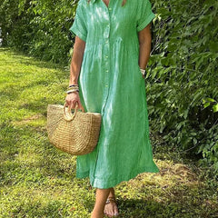 Green striped maxi dress with short sleeves, button front and pockets