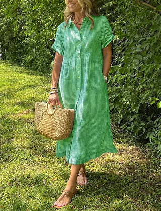 Green striped maxi dress with short sleeves, button front and pockets