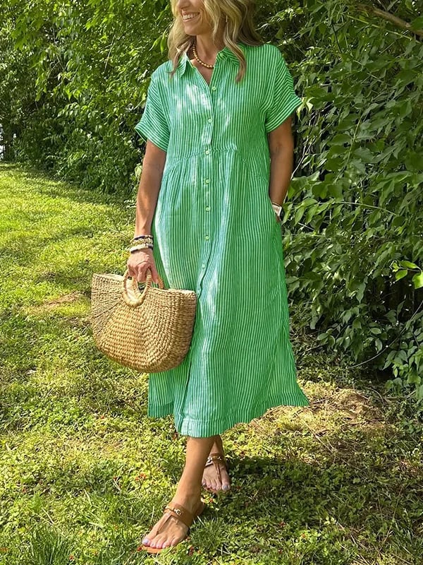 Green striped maxi dress with short sleeves, button front and pockets
