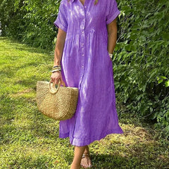 Purple striped maxi dress with short sleeves, button front and pockets