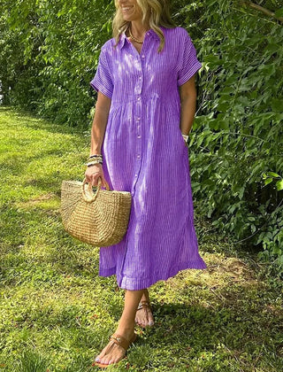Purple striped maxi dress with short sleeves, button front and pockets