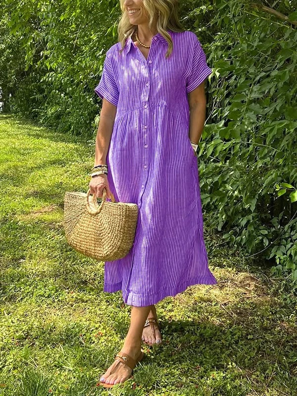 Purple striped maxi dress with short sleeves, button front and pockets