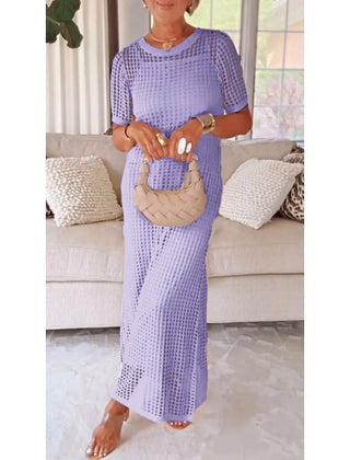 Lavender cut-out long maxi dress with short sleeves and matching inner slip