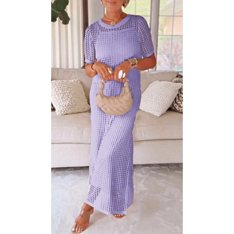 Lavender cut-out long maxi dress with short sleeves and matching inner slip