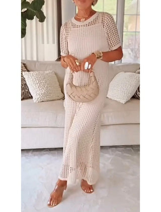 Cream cut-out long maxi dress with short sleeves and matching inner slip