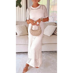 Off-white cut-out long maxi dress with short sleeves and matching inner slip