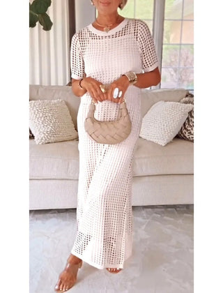 Off-white cut-out long maxi dress with short sleeves and matching inner slip