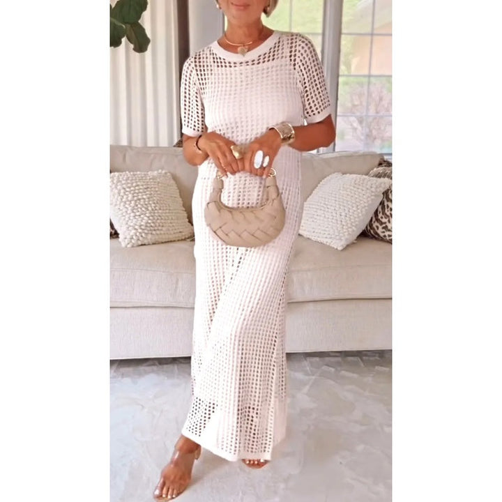 Off-white cut-out long maxi dress with short sleeves and matching inner slip