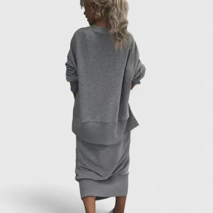Gray sweatshirt and long skirt set, back view, relaxed long sleeves and pockets