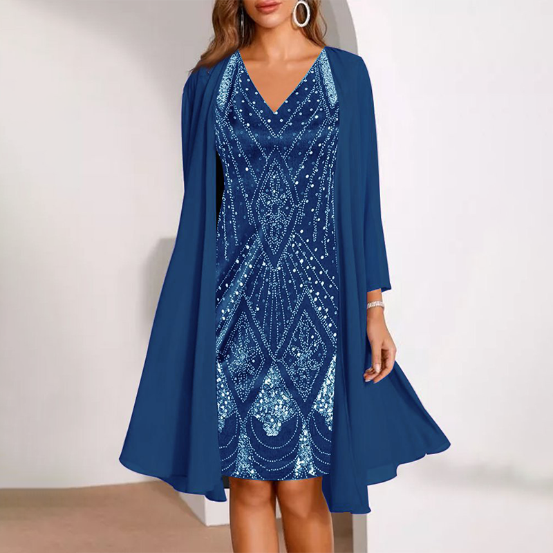 Blue sequin V-neck midi two-piece dress with matching cape sleeves