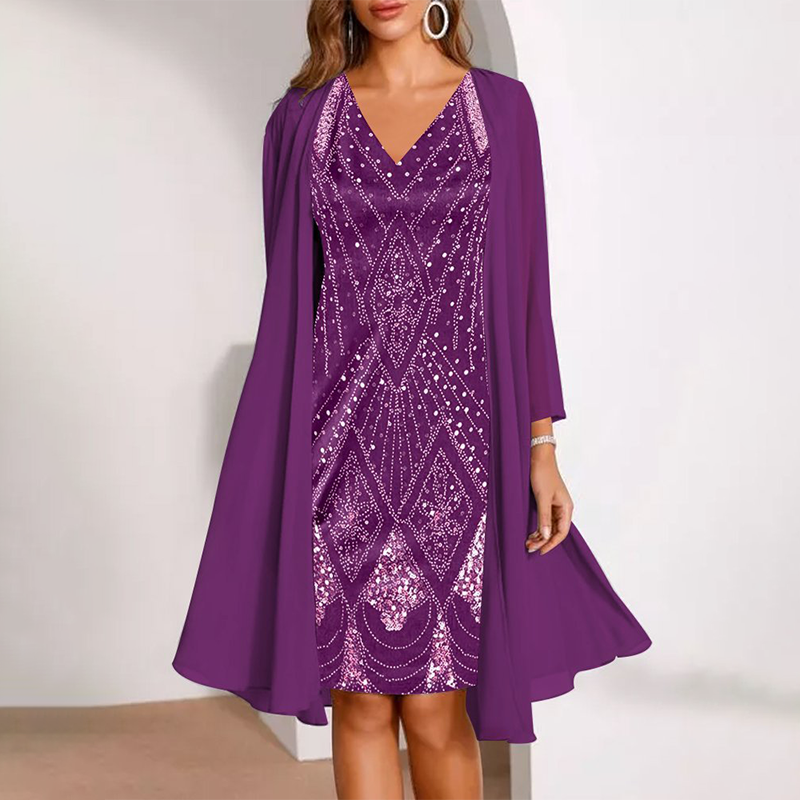 Purple sequin V-neck midi two-piece dress with matching cape sleeves