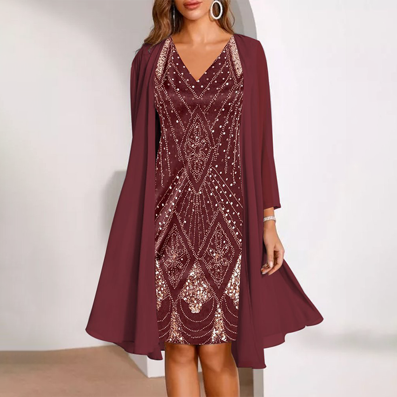Burgundy sequin V-neck midi two-piece dress with matching cape sleeves