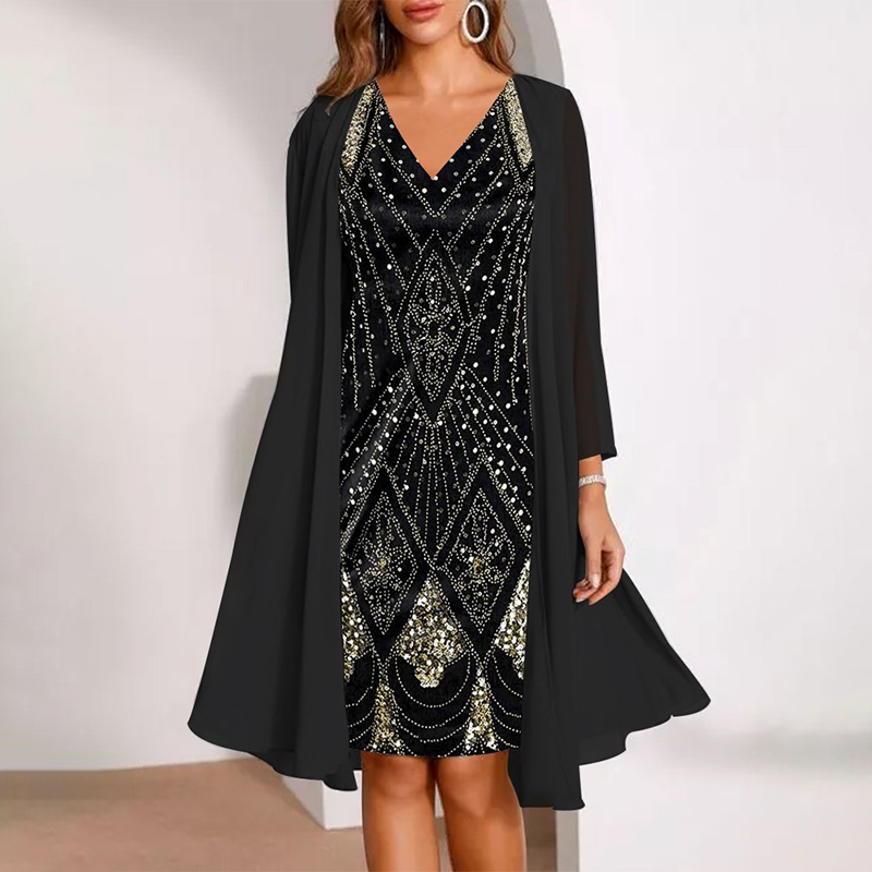 Black sequin V-neck midi two-piece dress with matching cape sleeves