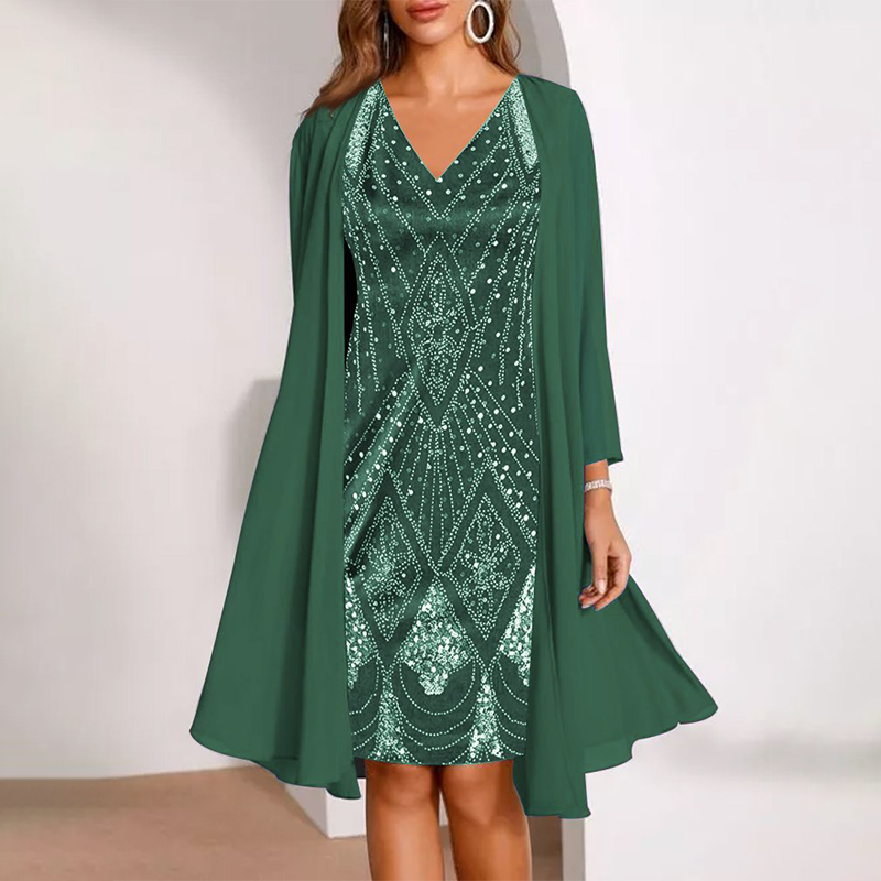 Green sequin V-neck midi two-piece dress with matching cape sleeves