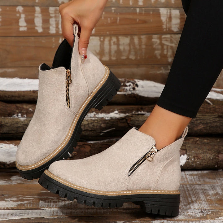 Suede ankle boots with side zip and chunky sole, beige with tan trim