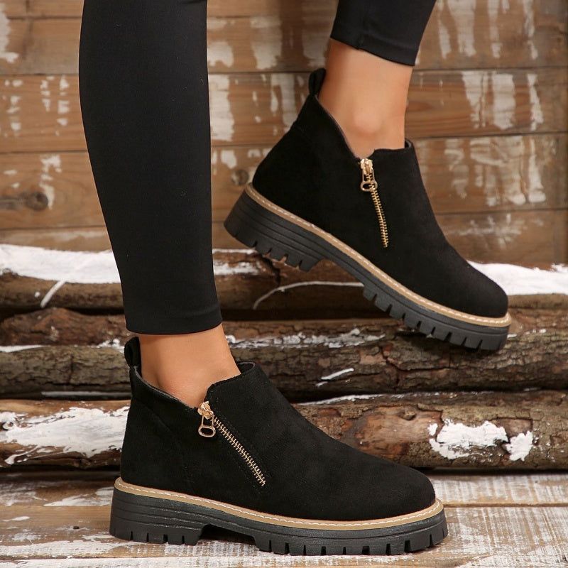 Suede ankle boots with side zip and chunky sole, black with tan trim