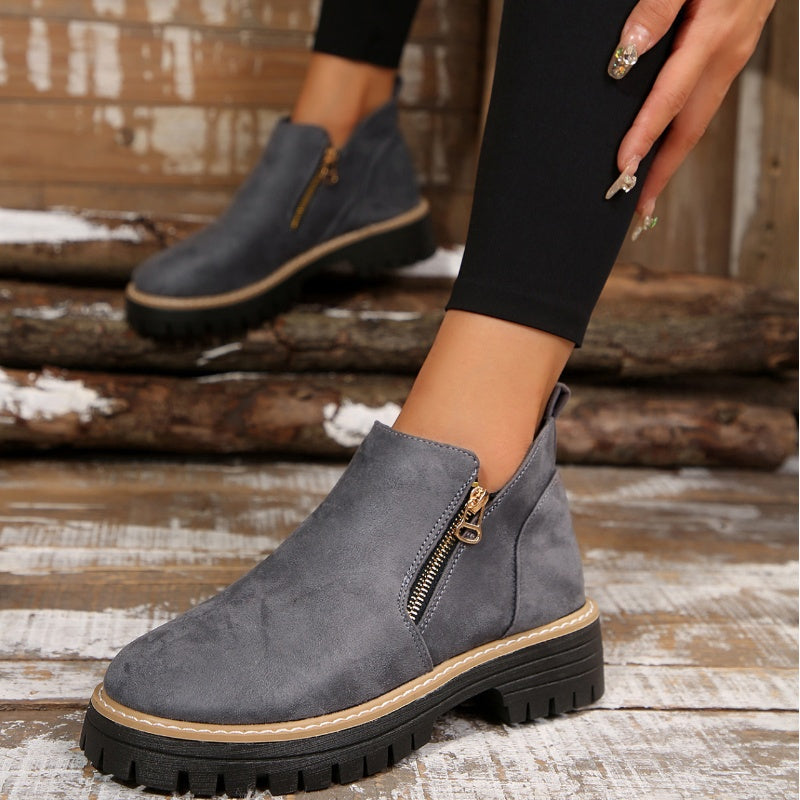 Suede ankle boots with side zip and chunky sole, dark gray with tan trim