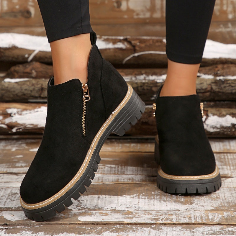 Suede ankle boots with side zip and chunky sole, black with tan trim