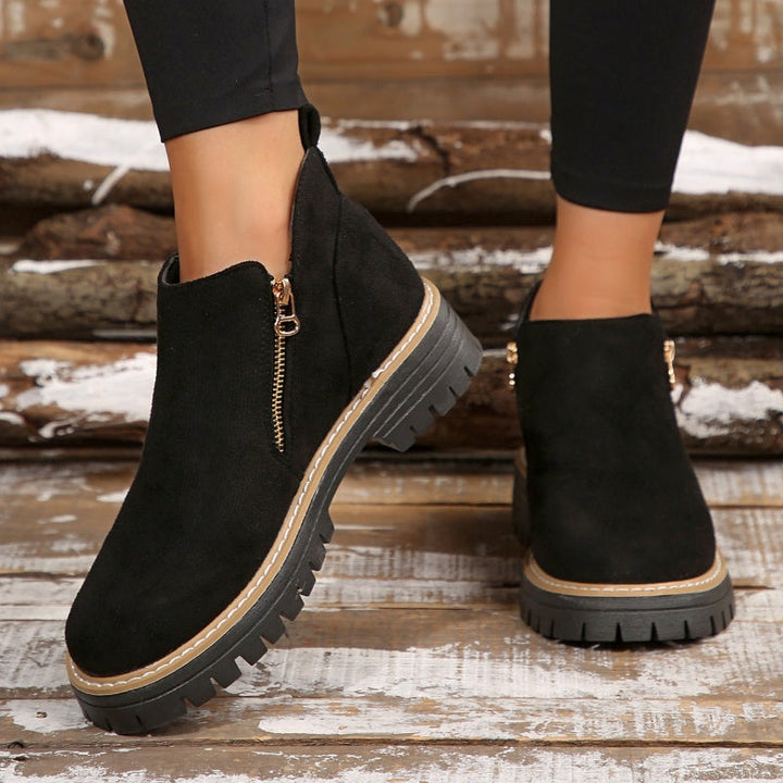 Suede ankle boots with side zip and chunky sole, black with tan trim