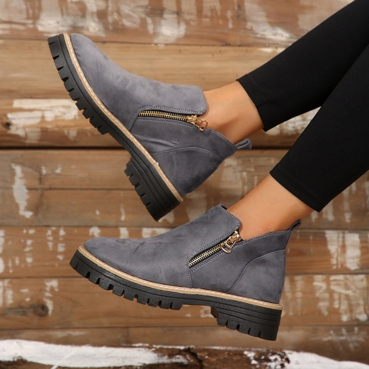 Suede ankle boots with side zip and chunky sole, gray with tan trim